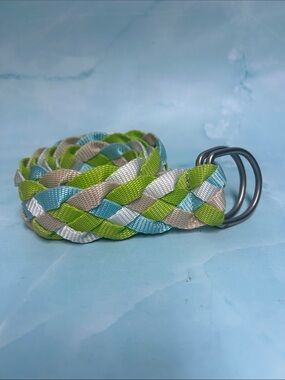 Braided Ribbon D-Ring Belt in Lime, Aqua & Silver